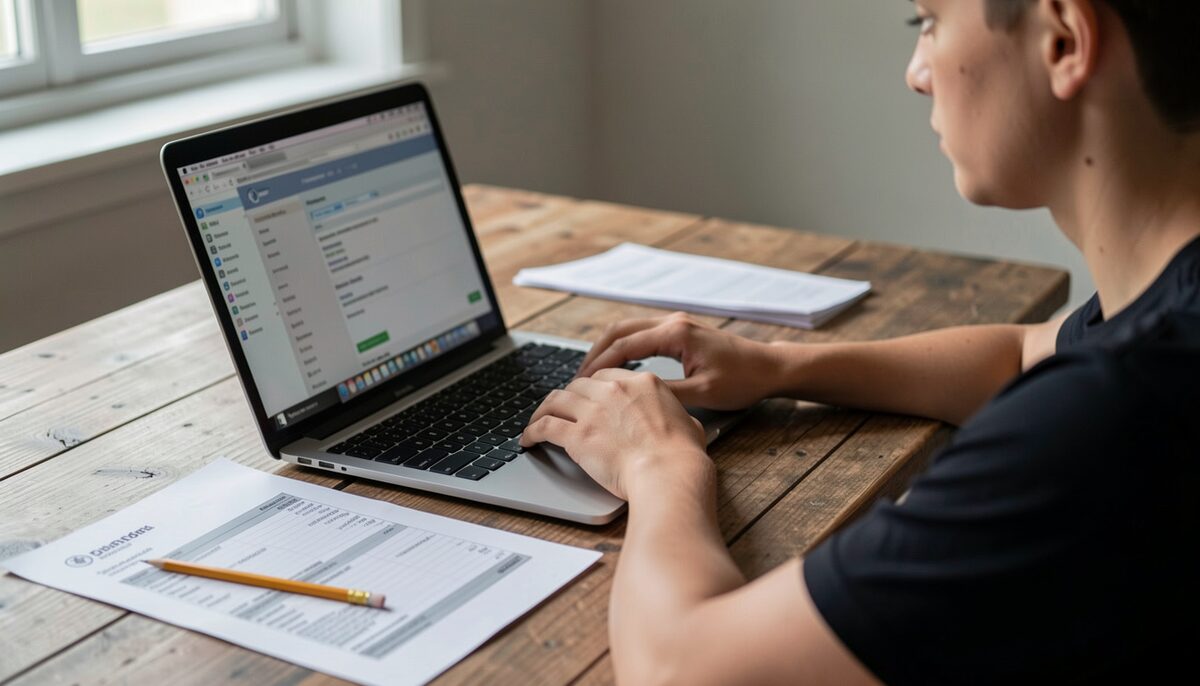 A person reviewing a domain registration document at a desk. Illustrative image, generated with AI.