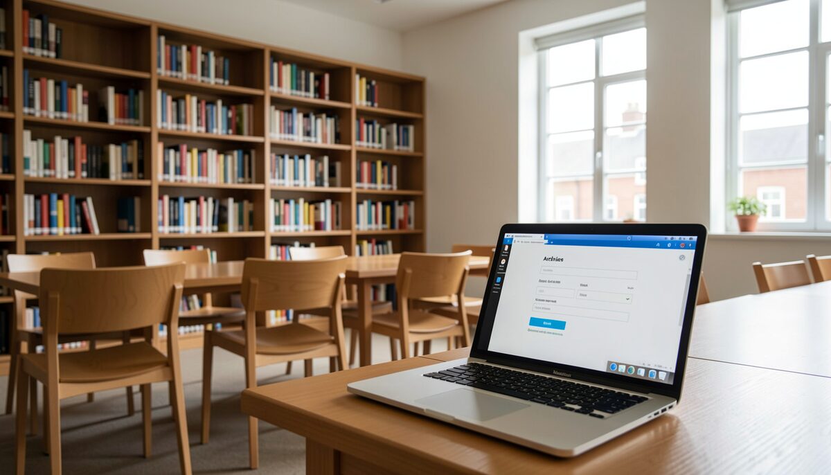 A library reading room where a laptop opens an archive search form, hinting at what public archives omit.