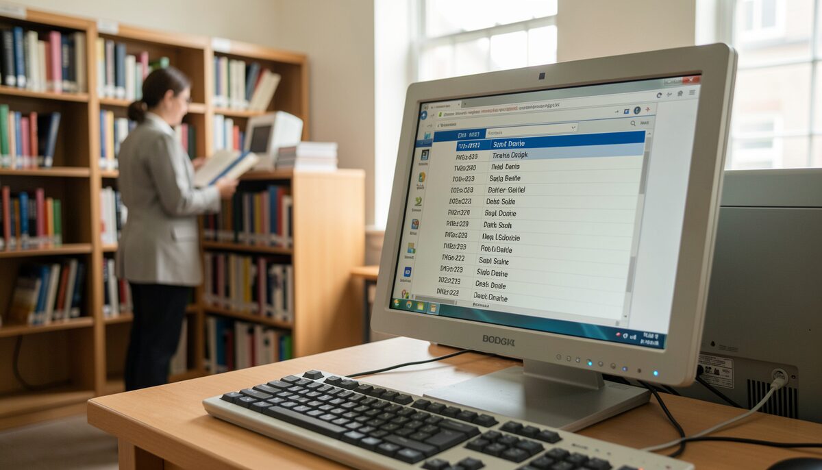 A library terminal displaying top level domain suffixes while a librarian shelves books in the background. Illustrative image, generated with AI.