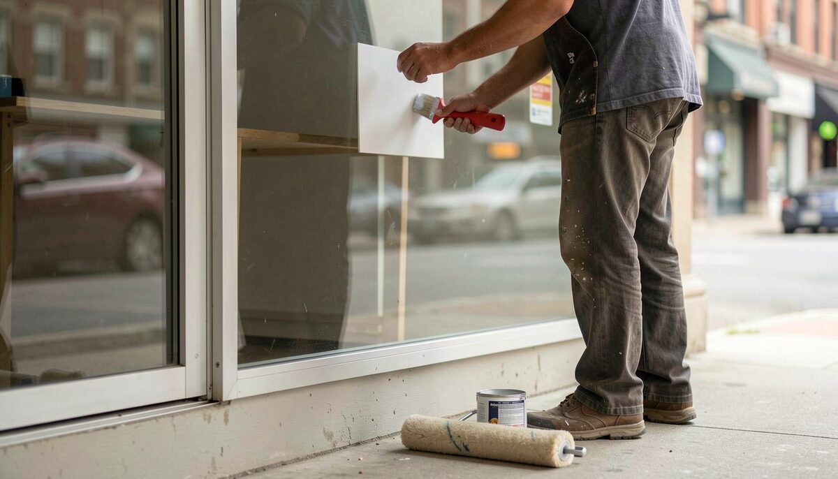 A person sets up a plain sign on a storefront window, with paint tools nearby. Illustrative image, generated with AI.