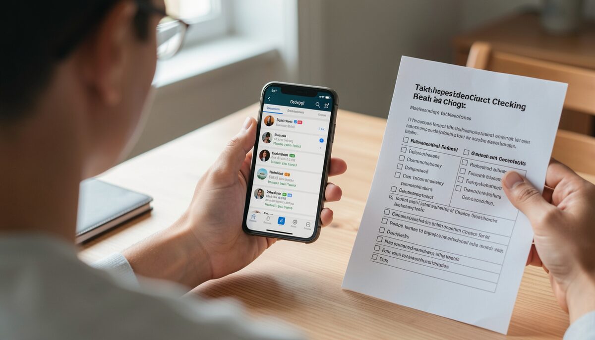 A person checks a search result while a fact checking checklist rests beside the phone. Illustrative image, generated with AI.
