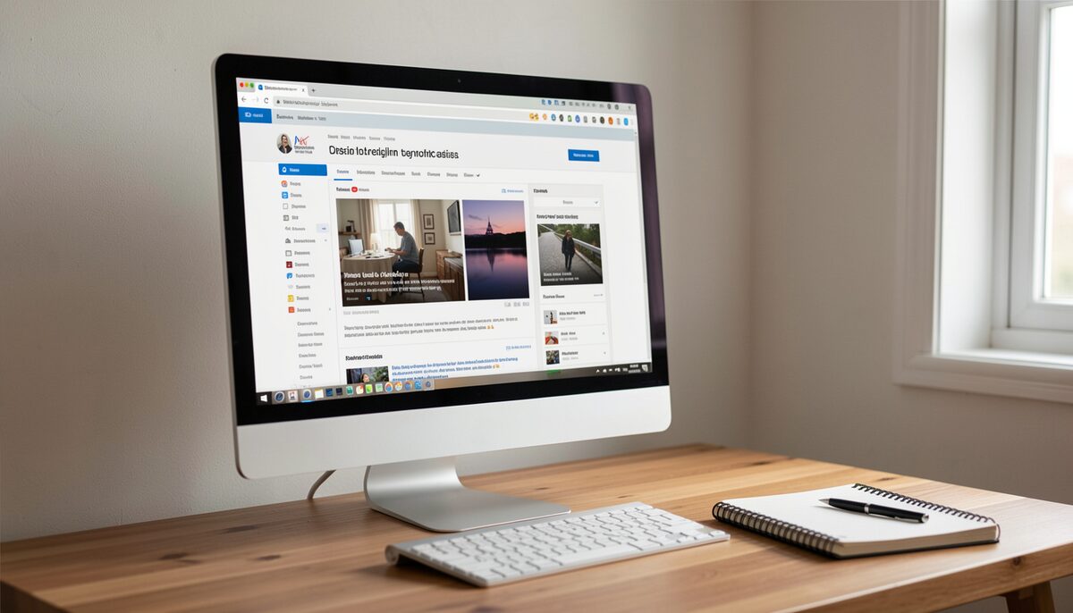 A monitor showing an archived web page timeline with a notebook on the desk. Illustrative image, generated with AI.